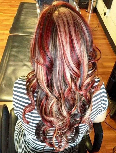 brown hair with red and blonde highlights|light blonde highlights in brunette hair.